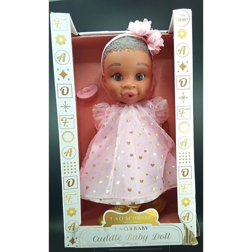 FAO Schwarz Baby 14" Cuddle Baby Doll With Gold Polka Dot Dress & Accessories